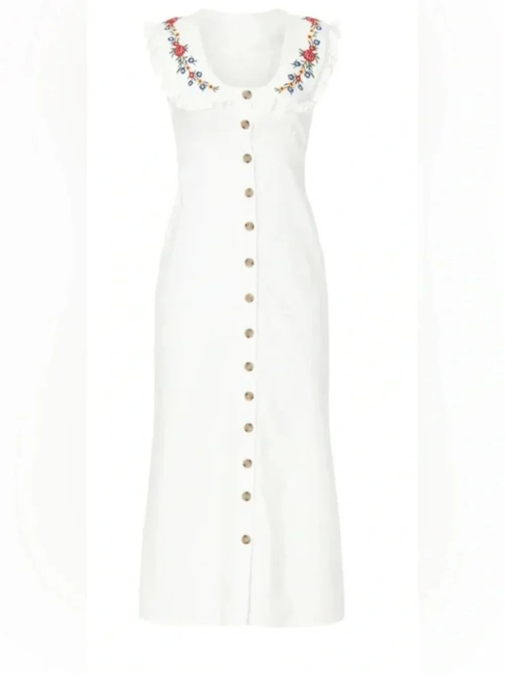 RIXO Nova Dress Midi Floral Embroidered Spread Collar Ecru Button front M - Picture 7 of 14
